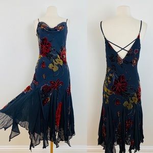 Vintage 90s Y2K bias silk velvet floral burnout Sue Wong midi dress